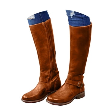 Dakaela Bottes pour Femmes Hauteur Genou, Bottes de Moto Basses à Talon Épais, Bottes d'Équitation en Cuir avec Boucle, Bottes de Travail d'Hiver