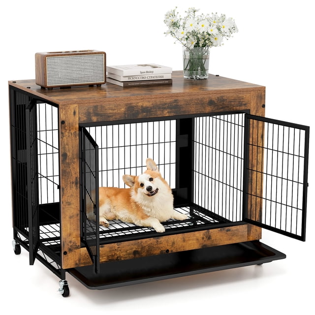 Gymax Meuble Cage pour Chien Industriel Chenil pour Chien avec Dessus Rabattable Maison Décorative pour Animal Brun Rustique