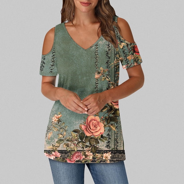 Soki Women's Off Shoulder Tee Clearance Blouses Short Sleeved V-Neck Fashionable Tops