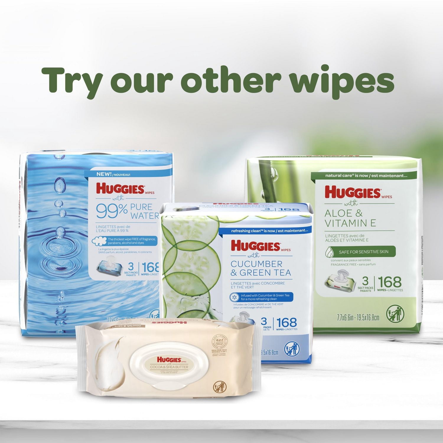 Lingettes Huggies à l’aloès et à la vitamine E, NON PARFUMÉES, 3 emballages à couvercle rabattable, total de 168 lingettes