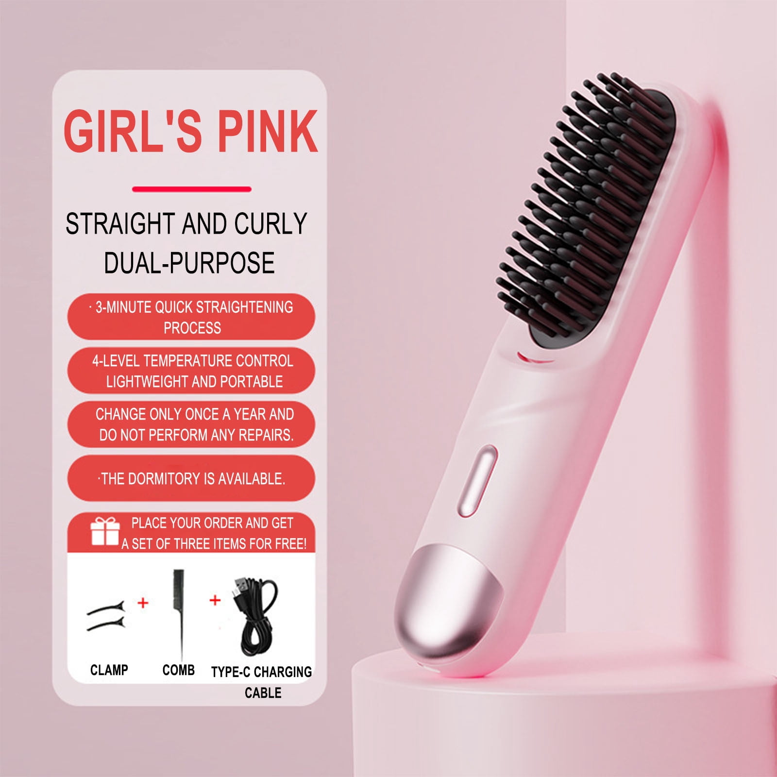 Kieccall Portable Straightener Brush Rechargeable Hair Straightener Comb Brush