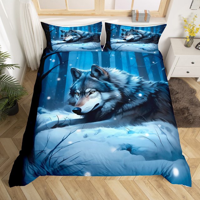 YST Wolf Ensemble de Housse de Couette Neige Wolf Chic Boho Literie, Grand Lit, 3 Unités