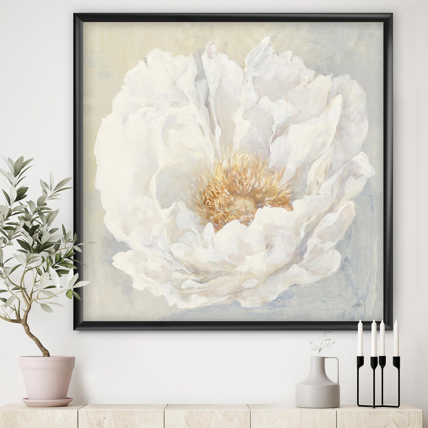 Designart White Serene Peony Framed Wall Art