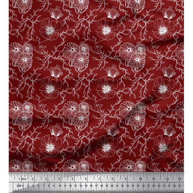 Soimoi Rouge Coton Popeline Tissu Feuilles & Aster Floral Tissu Imprimé 1 Yard 58 Inch Wide