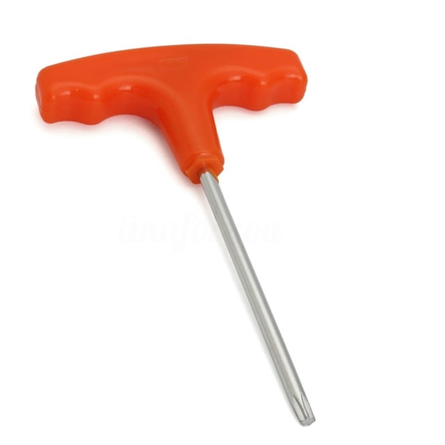 Hi.FANCY Replacement For Stihl Makita Chainsaw Screwdriver Torx Driver T27 Type T Handle Chain Saw Accessories. This compact and lightweight T27 torx screwdriver features a durable metal rod and an ergonomic orange T-shaped handle for chainsaw maintenance and repair tasks.