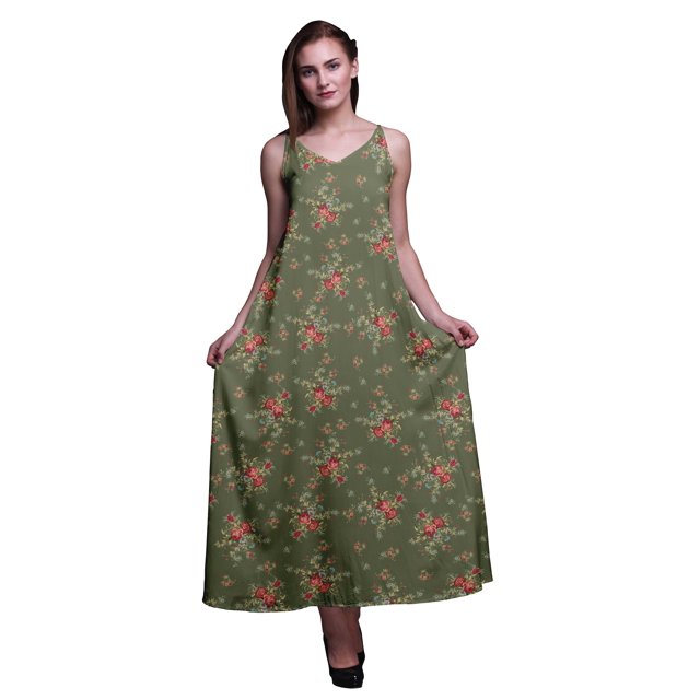 Bimba Robe Maxi à Bretelles Spaghetti Sans Manches pour Femmes en Rayonne à Imprimé Floral, Coupe Évasée - Grand