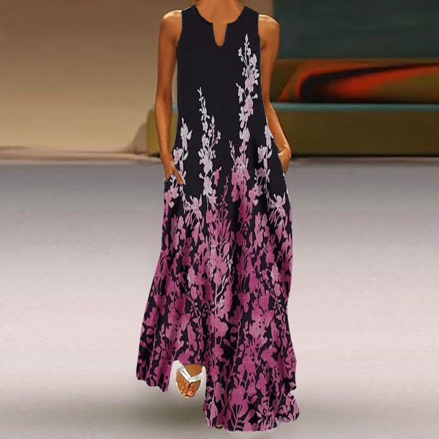 Lenago Grande Taille Robes pour les Femmes 2023 Femmes Décontracté en Vrac Imprimé Réservoir Robe de Plage V-Cou Poche Robe de Soleil Sans Manches Robes de Plage d'Été