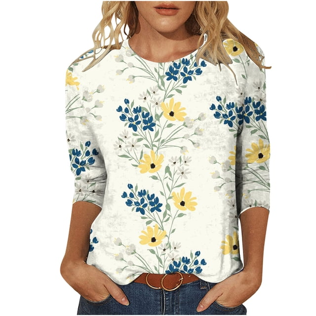 Pompotops T-shirt Ample Imprimé pour Femme Blouse à Manches 3/4 Col Rond Hauts Décontractés Liquidation