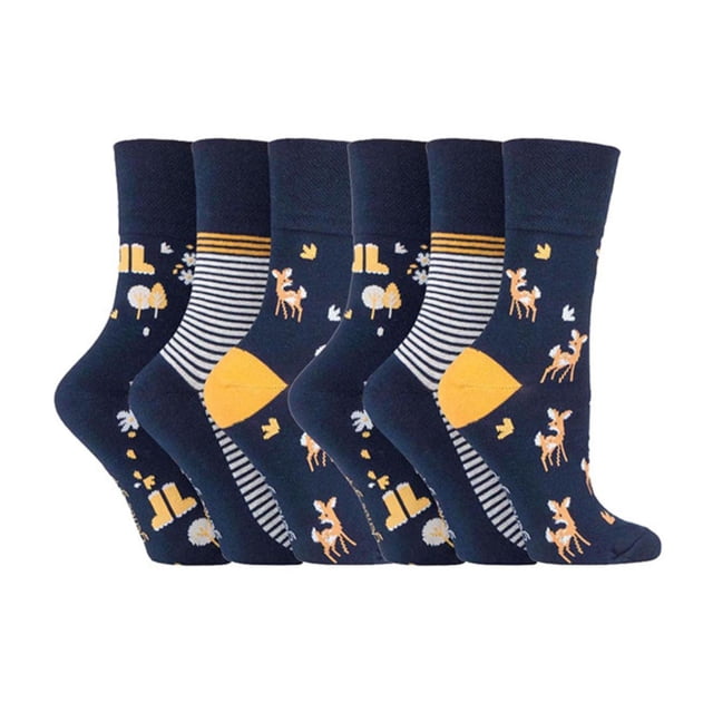 Gentle Grip - 6 Pairs Ladies Gentle Grip Non Elastic Crew Socks featuring a navy base with playful designs including deer, trees, and stripes in yellow and white accents. Made from soft, cotton-rich yarn with a HoneyComb Top for comfort, these socks are ideal for those with circulatory issues or swollen feet. Designed to mould to the natural contours of the legs without leaving constriction marks, they are breathable and feature flat seamed toes for added wearability. Suitable for everyday wear and diabetics.