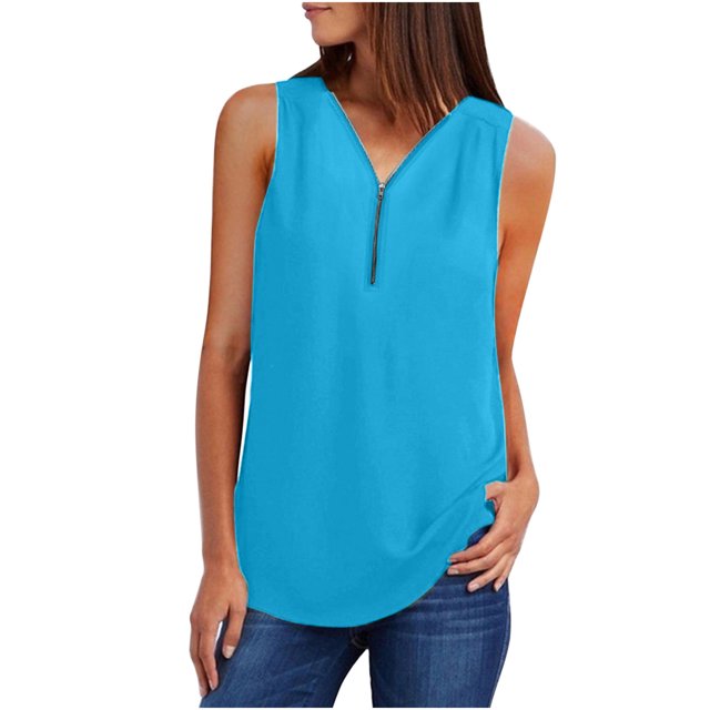 Cameland Camisoles d'Été Sans Manches pour Femmes à Fermeture Éclair, Tunique Décontractée à Col en V, Blouse à Manches Roulables