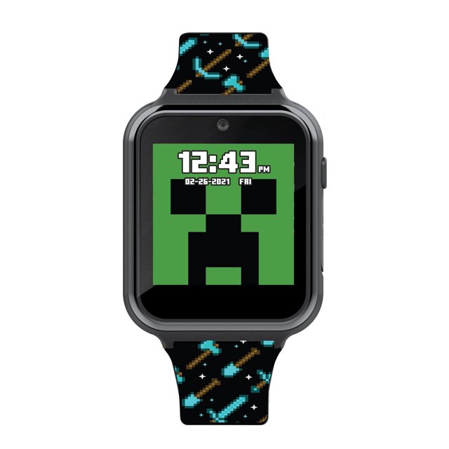 Minecraft Montre Interactive à Écran Tactile avec Caméra, Doté d'Un Boîtier Carré en Plastique Noir et d'Un Affichage Numérique Affichant 12:43 PM et la date 02-26-2021 avec Cadran Repliable Pixélisé, Bracelet de Montre Noir Décoré d'Art pixel de Pioches et d'Épée en Diamant Bleu, Comprend Écran Tactile, Caméra, Jeux et Podomètre, Convient aux Enfants de 6 Ans et Plus.
