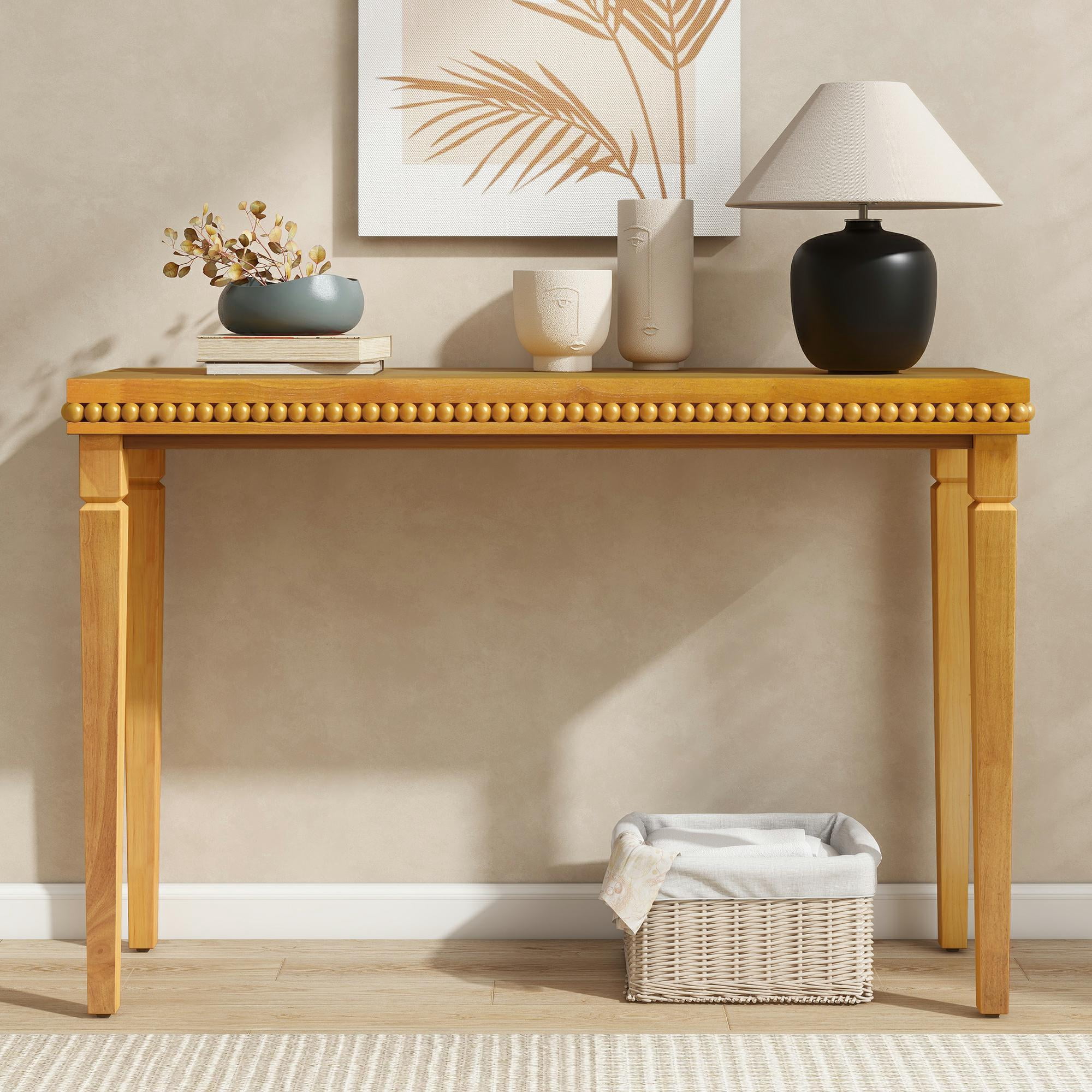 Noble House Table Console de Ferme avec Garniture Perlée, Placage en Bois Naturel pour Entrée, Salon et Couloir, Marron