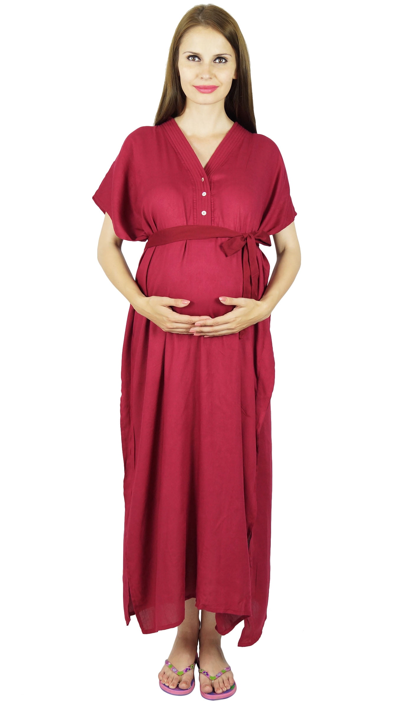 Bimba Maternity Hospital Kaftan With Belt Rayon Nursing Night Gown| Front & Back Buttons