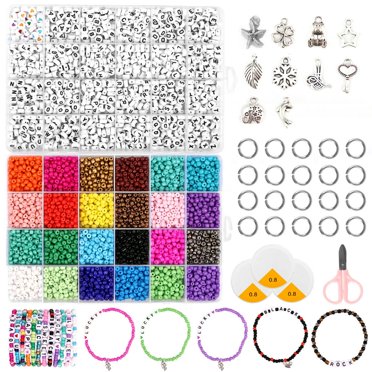 MesaSe Kit de Fabrication de Bracelets Perles de Bijoux DIY Perles de Rocaille en Verre Perles de Lettres Perles de Cœur Cordon Élastique pour Bijoux Bracelets