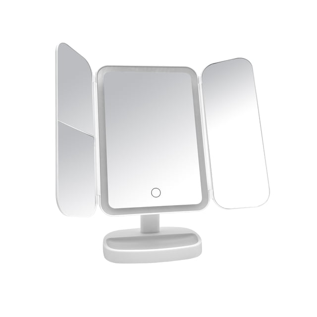 Mainstays LED Freestanding Folding Bathroom Mirror with a central LED-lit rectangular mirror featuring touch control, two foldable side mirrors including a magnified panel, and a sturdy white base, ideal for grooming or makeup at home or while travelling.