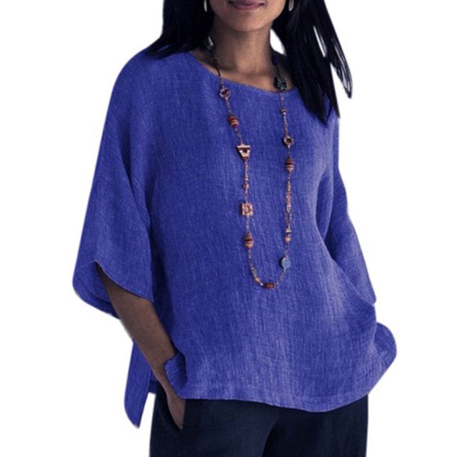 tredstone Vêtements pour Femmes Chemise à Manches 3/4 à Col Rond Haut Décontracté en Coton et Lin, Bleu, G