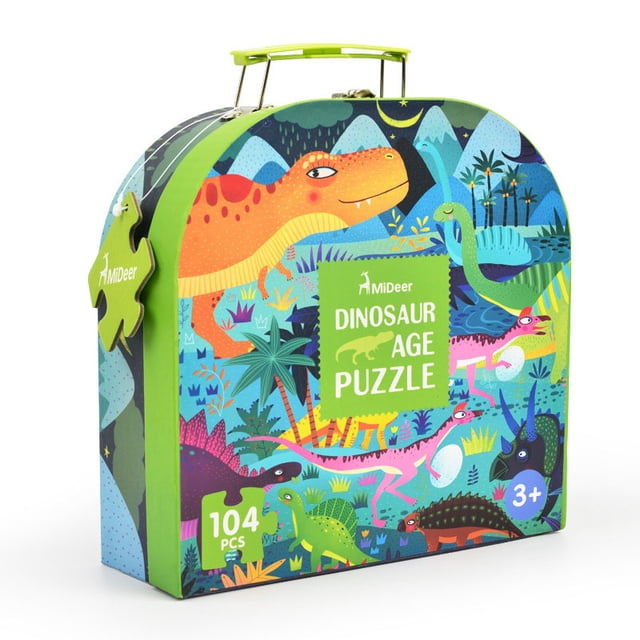 mideer Jigsaw Puzzle Treasure Gift-Box Box Set with 104 pieces featuring a vibrant dinosaur age theme. The puzzle comes in a colorful, artistically designed carrying case with a green handle, showcasing various dinosaur illustrations. Suitable for children aged 3 and older, this STEM educational toy promotes concentration, cognition, and logical thinking. The carrying case doubles as a treasure box for added value.