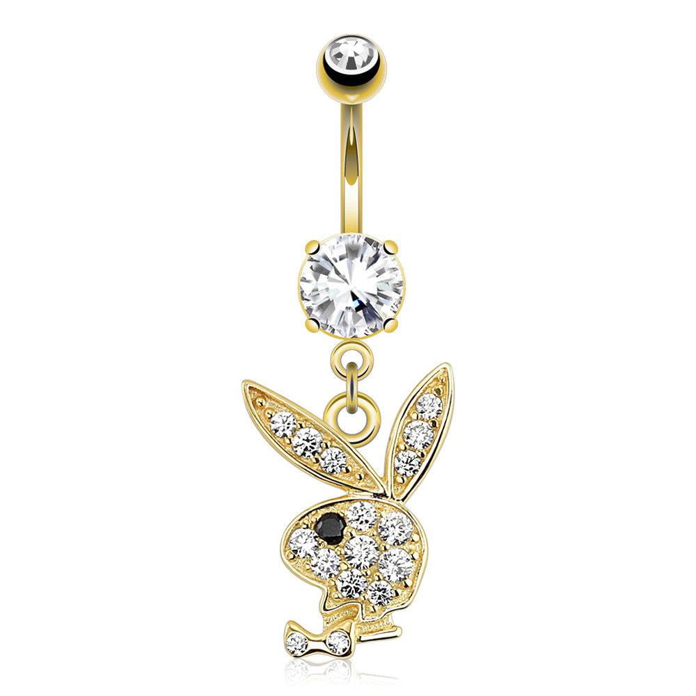 Belly Button Ring 14kt Solid Gold Playboy Bunny Dangle Navel Ring 14g
