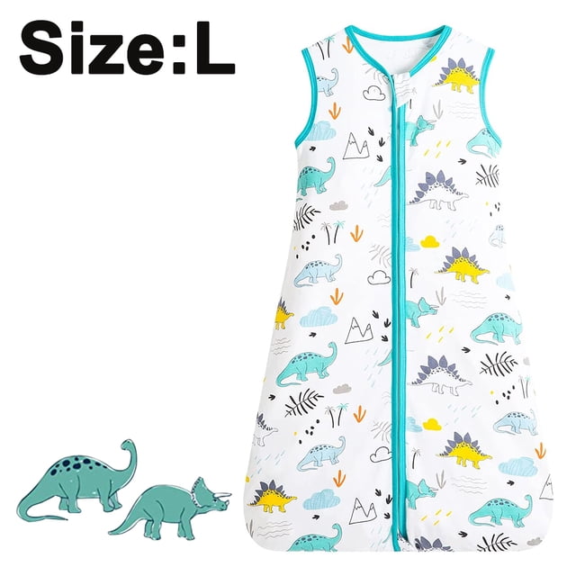 Sac de Couchage Portable pour Bébé en Coton, Taille g, avec un design Sans Manches et un Imprimé de Dinosaures Colorés sur Fond Blanc. Fait de Mousseline de Coton Respirante, Comprend une Fermeture Éclair Bidirectionnelle pour des Changements de Couche Faciles et un Couvre-Protecteur pour Prévenir les Égratignures de Fermeture Éclair. Idéal pour les Vêtements de Nuit d'Été pour Bébé et Conçu pour les Bébés de 24 à 48 Mois.