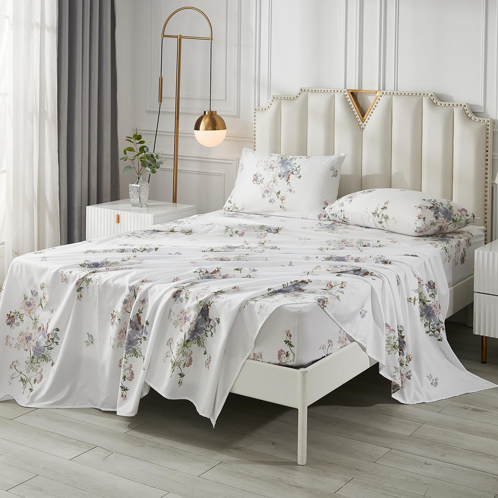 Move Over 4 pcs White Floral Sheet Set Queen Pastoral Style Fitted Sheet Flowers Pattern All Around Elastics Deep Pocket Sheet
