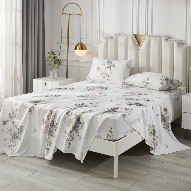 Move Over 4 pcs White Floral Sheet Set King Pastoral Style Fitted Sheet Flowers Pattern All Around Elastics Deep Pocket Sheet