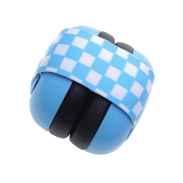 Écouteurs Antibruit pour Bébé à Protection des Oreilles, Ajustables, avec Cache-Oreilles Insonorisants Bleus et Serre-Tête Rembourré à Carreaux. Conçus pour les Nourrissons et les Tout-Petits de 0 à 2 Ans, Offrant une Réduction de Bruit de 30 dB pour la Protection Auditive. Légers, Pliables et Adaptés à l'Utilisation d'Équipement de Protection Personnelle dans les Environnements Bruyants.
