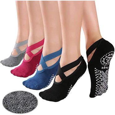 Women Yoga Socks Non Slip 4 Pairs Cotton Socks with Anti-skid Grips Straps Socks Pilates Ballet Pure Barre Barefoot Workout Trampoline Fitness Hospital Rehab（Black/Gray/Blue/Wine Red）