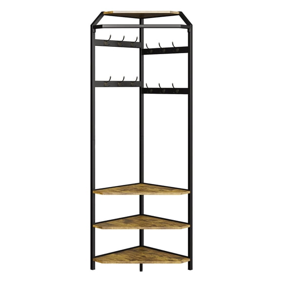 Corner Hall Tree Coat Rack with Shoe Bench and 3-Tier Storage Shelves – Freestanding Entryway Organizer with 6 Double Hooks – Wooden Vintage Stand for Jackets, Hats, Shoes – Bedroom or Mudroom