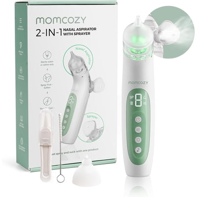 Momcozy BreezyClear™ 2-in-1 Electric Nasal Aspirator with Spray, Nasal Aspirator for Baby, 65kPa Nose Sucker with 4 Adjustable Suction Levels, Portable Electric Nose Cleaner, Light & Music Soothing