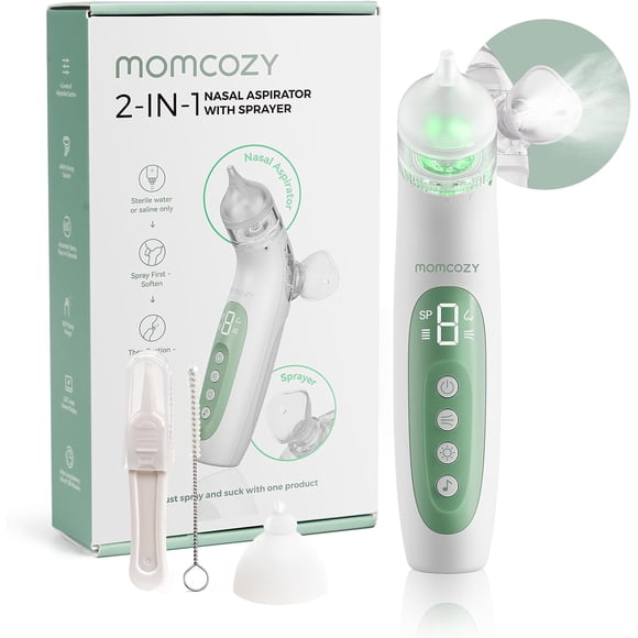 Momcozy BreezyClearTM Aspirateur Nasal Électrique 2-en-1 avec Vaporisateur, Aspirateur Nasal pour Bébé, Ventouse Nasale 65 kPa avec 4 Niveaux d'Aspiration Réglables, Nettoyeur Nasal Électrique Portable, Apaisant avec Lumière et Musique