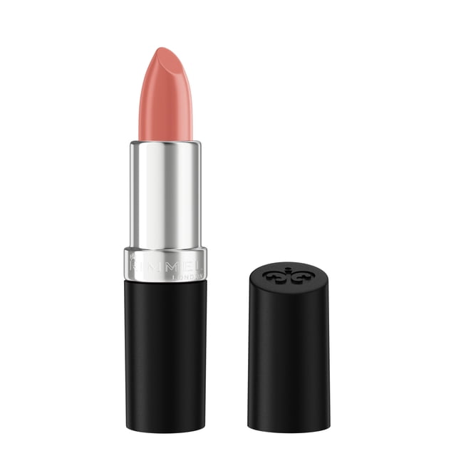 Rimmel Lasting Finish Satin Lipstick in a nude shade with a satin finish, shown with the black matte cap removed and placed beside the silver and black tube, providing creamy, buildable colour and all-day hydration for comfortable wear.