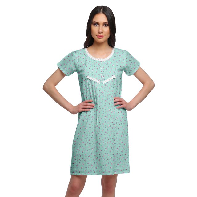 Moomaya Chemise de Nuit à Manches Courtes Imprimée pour Femmes, Col Rond, en Coton, Vêtement de Nuit