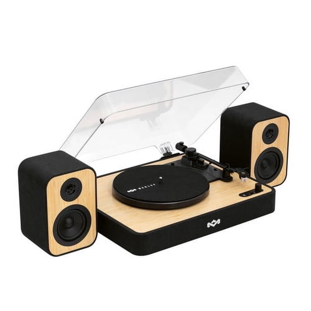 House of Marley Revolution Bluetooth® Turntable and Speakers All-In-One Bundle featuring a bamboo-crafted record player with a clear dust cover, felt mat, and Audio-Technica stylus. Includes two matching bookshelf speakers with bamboo accents and black fabric. Designed with Bluetooth® connectivity and sustainable materials for an eco-friendly audio system.