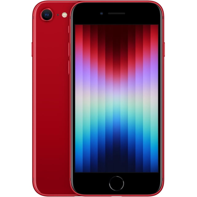 Refurbished Apple iPhone SE 3rd Gen (2022) 5G in red, featuring a 4.7-inch Retina HD display, 128GB storage, and a 12MP rear camera with 4K video recording. The front-facing 7MP camera supports HDR and 1080p video. Powered by the A15 Bionic chip, this fully unlocked smartphone offers 5G connectivity, Touch ID, and IP67 water and dust resistance. Certified refurbished in fair condition with minor cosmetic imperfections.