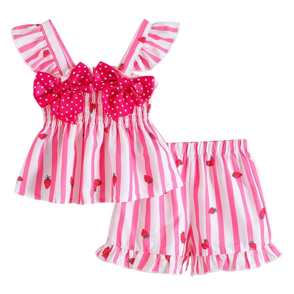 Splozh Toddler Summer Clothes Girl Baby Girl Summer Clothes Strawberry Print Ruffle Strap Tops Dress Shorts 2pcs Princess Fashion Outfit Sets Pink,2-3 Years