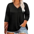 thumbnail image 2 of Plebaso Womens Plus Size Tops 3/4 Sleeve V Neck Casual T Shirts Loose Solid Color Button down Blouses Tees, 2 of 7
