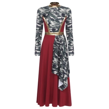 Sholeno Women's Liturgical Praise Dance Dress Camouflage Print Lyrical Dance Costume High Weight Overlay Tunic Burgundy XXL