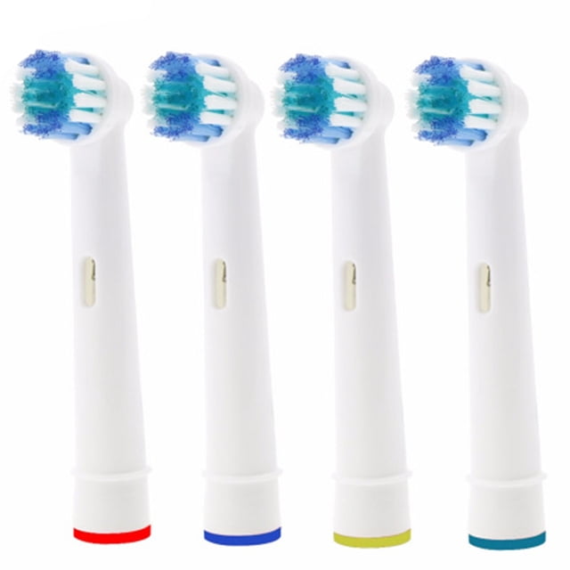 Heads 4Pcs Electric Toothbrushes Replacement Heads by Loewten, compatible with various electric toothbrush handles including D4510, D12013, and D18 series. The set includes four replacement heads, each measuring approximately 7cm, with specially designed inclined bristles for effective plaque removal. The image shows four white replacement heads with color-coded bases in red, blue, yellow, and green.
