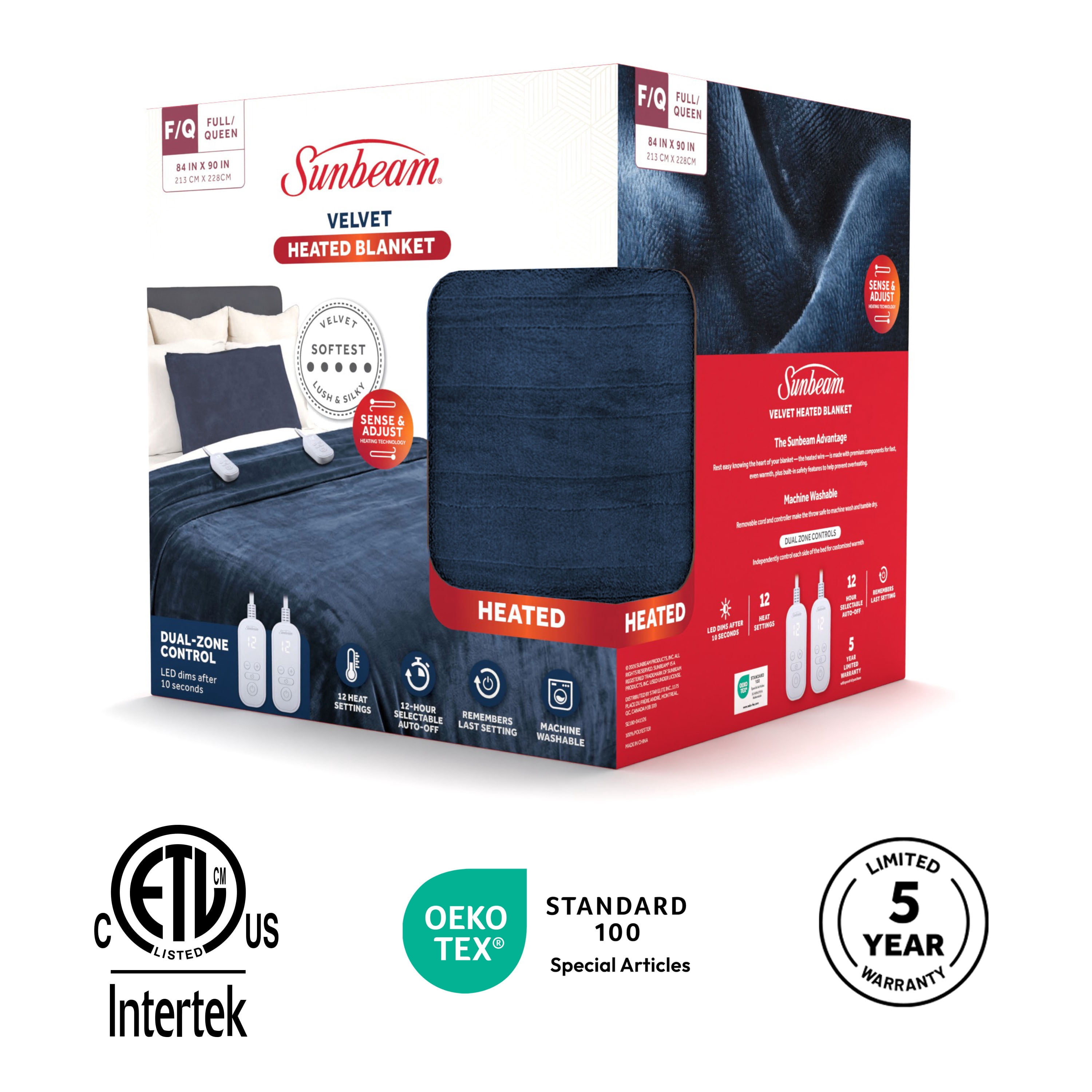 Couverture chauffante Sunbeam « Big Blue » en velours 12 réglages de chaleur format double/queen, 90 x 84 po