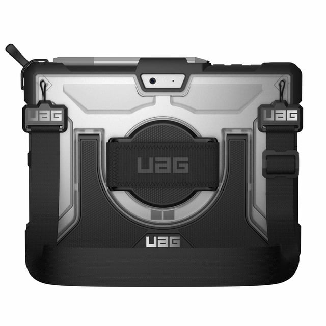 UAG Plasma Rugged Case Ice (Clear) for Microsoft Surface Go 4/3/2/1, rear view with translucent armor shell and black impact-resistant rubber bumpers featuring a honeycomb pattern. Equipped with a 360-degree rotational hand strap, built-in kickstand, Surface Pen storage, and compatible with Microsoft Type Cover Keyboard, ideal for rugged tablet protection.