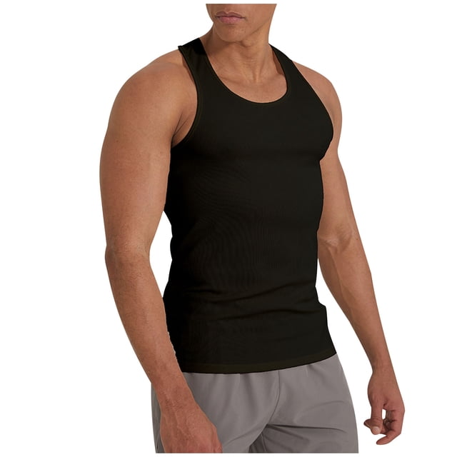 hoksml Men's Solid Color Ribbed Tank High Elasticity Sports Running Pullover Round Neck Fitness Shoulder Strap Muscular Man Tank Top 2025 Summer Clearance