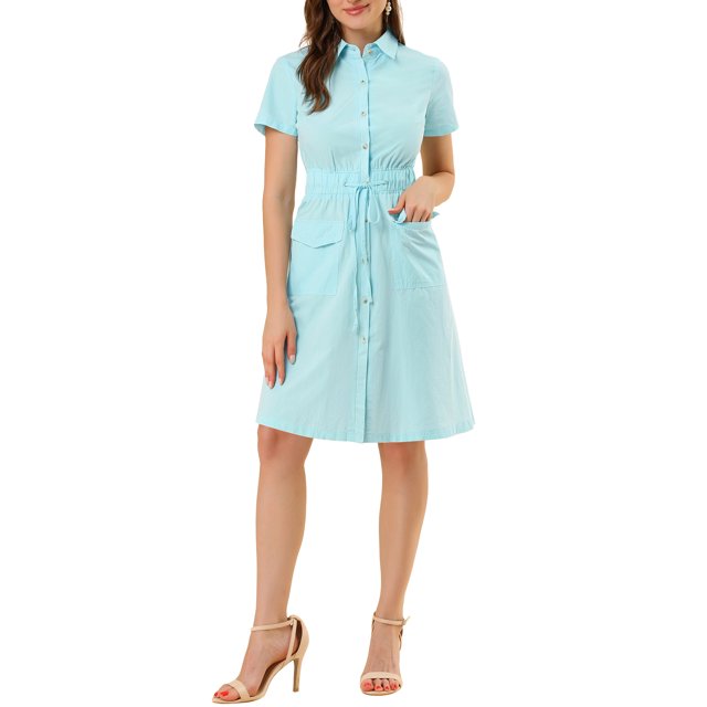 INSPIRE CHIC Robe Courte pour Femme à Col Évasé avec Poches et Taille Élastique S Bleu Pâle