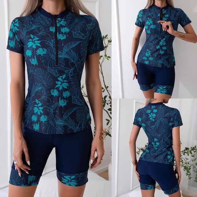 Lcziwo Womens Short Sleeve Rash Guard Two Piece Zipper Printed Swimsuits Surfing Slimming Bathing Suit with Shorts Navy,XL