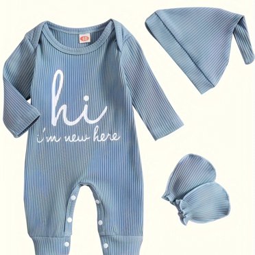 CHUANK Cache-Couche pour Nouveau-Né Garçon « Salut Je Suis Nouveau Ici » Imprimé Barboteuse pour Nourrisson & Chapeau & Ensemble de Mitaines pour Bébé