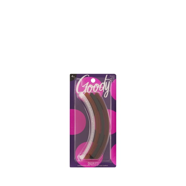 GOODY Banana Clip 4ct pack featuring four curved hair clips in translucent, brown, and dark brown hues on purple packaging with pink circles, designed with SlideProof grip for secure hold and comfortable styling in hair care accessories.