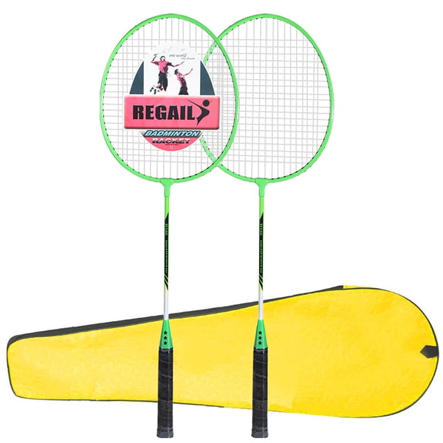 REGAIL Ensemble de Raquettes de Badminton en Ferroalliage Légères pour Ados et Adultes, Incluant Deux Raquettes Vertes avec Poignées Noires et un Sac de Rangement Jaune durable. Chaque Raquette Pèse 100 g, Mesure 25,6 x 7,9 Pouces, et Est Fabriquée en Matériau Ferroalliage Robuste, Idéale pour les Divertissements Décontractés et l'Utilisation pour Débutants.