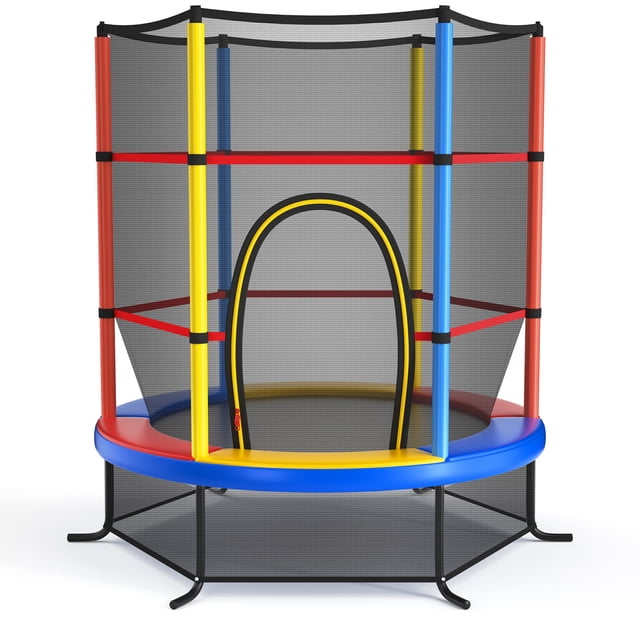 Gymax trampoline de 55 Pieds' pour Enfants et Tout-Petits avec un design Coloré avec Filet de Sécurité et Filet de Protection Inférieur. le trampoline a une Base de Saut de 43 Pieds' Soutenue par 30 Cordes de tension à Haute Élasticité pour une Excellente performance de Rebond. Il Comprend des Pattes Courbées Extensibles pour la Stabilité et des Tuyaux en Acier Galvanisé Recouverts de Mousse EPE pour une Sécurité Accrue. l'Entrée à Fermeture Éclair Permet un Accès Facile, et la Taille Compacte le Rend Adapté à une Utilisation Intérieure et Extérieure. les Dimensions Sont 65 Pieds'