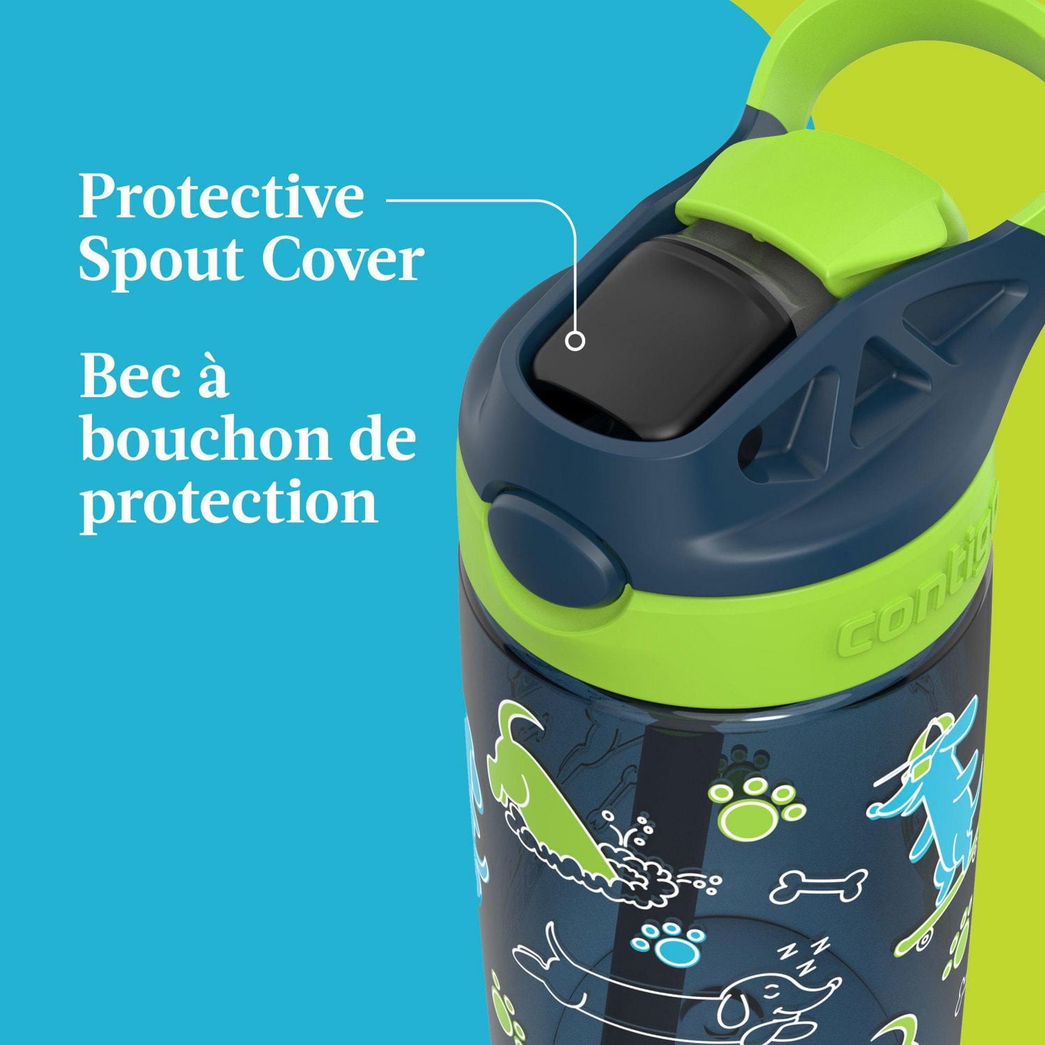 Contigo Kids Aubrey Water Bottle with Autospout Lid, Blueberry Cool Lime with Dogs, BPA-Free