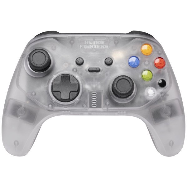 Crystal Hunter Limited Edition 2.4Ghz Wireless Controller for Xbox/NSWitch/PC by Retro Fighters. Features a translucent design with hall effect analog triggers and sticks, textured grips, and white and black shoulder buttons. Compatible with the original Xbox, Nintendo Switch, and PC. Includes 2.4 GHz low latency wireless technology for drift-free gaming.