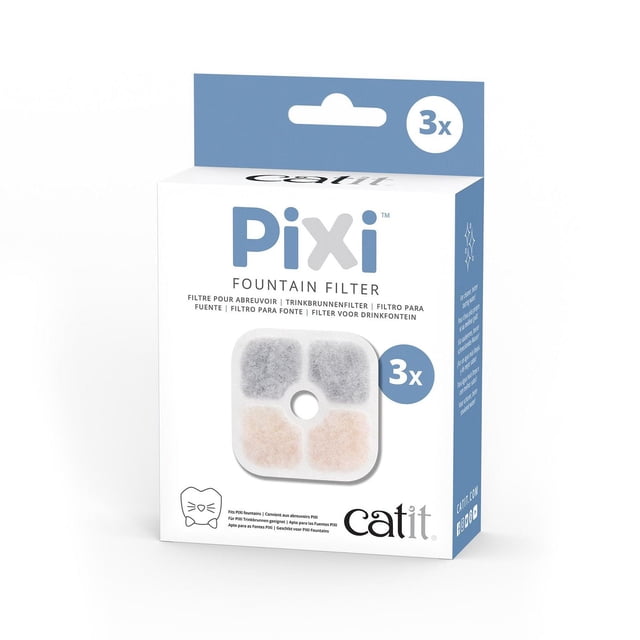Catit PIXI Cartouche Fountain pour Chat, Lot de 3, avec Filtres Rectangulaires Blancs, Comprenant des Tampons Gris et Beiges, Conçues pour Filtrer les Débris, Enlever les Odeurs et Adoucir les Minéraux dans les Fontaines pour Eau pour Chat Catit PIXI, Affichées dans une Boîte de Vente au Détail Blanche et Bleue avec logo de Marque.